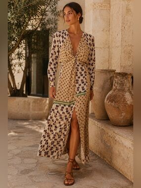 Massimo Dutti Boho Printed Twist Front Maxi Dress NWT Size 4